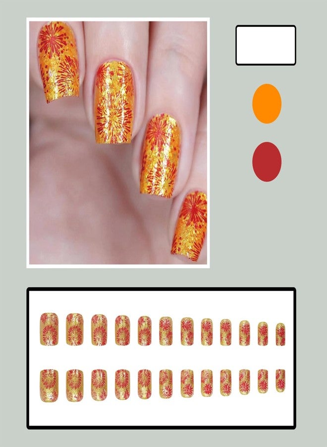 SHUXILIN Christmas Press on Nails Short Medium Square Fake Nails with Red Firework Gold Glitter Designs Full Cover False Nails Sparkling Glossy Acrylic Nails Stick on Nails for Women New Year Decor 24Pcs - Image 2